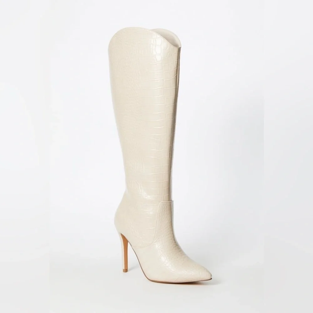 SHOEDAZZLE Women Paige Stiletto Beige Knee-High Boots Crock Embossed Size 10 New - Picture 6 of 14